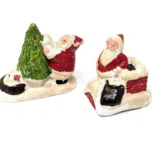 1930s Miniature Chalkware Santa Claus On The Rooftop & W Tree Rare Set of 2